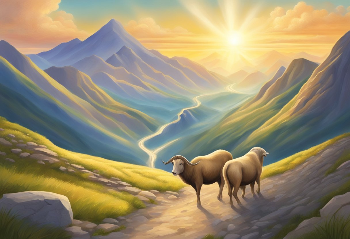 Aries and Sagittarius face a mountainous path, symbolizing challenges, while a bright sun shines in the distance, representing opportunities