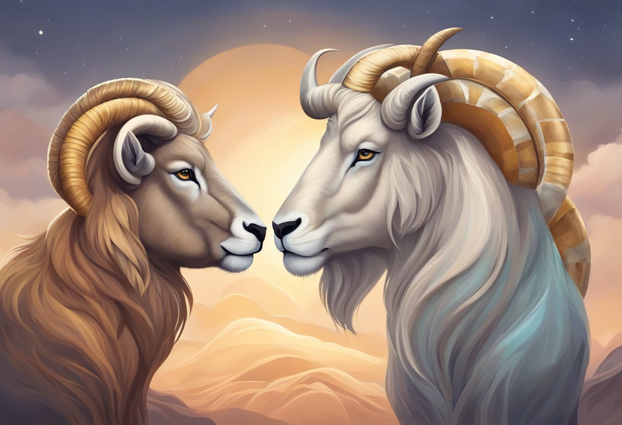 Aries and Leo face each other, exchanging confident and respectful gazes. Their body language exudes warmth and understanding, symbolizing their strong communication and mutual respect
