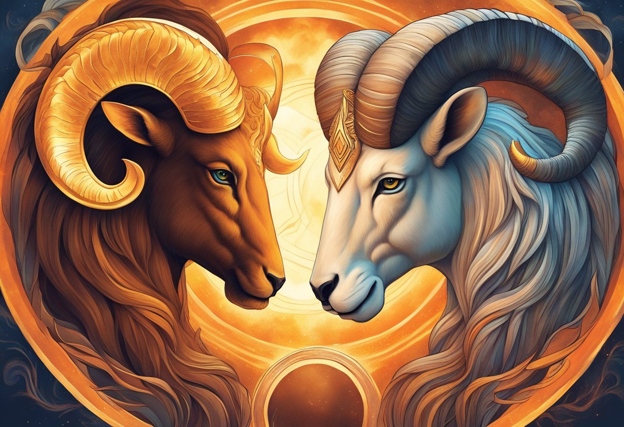 Aries and Leo stand together, radiating passion and confidence. Their fiery energy ignites a powerful connection, symbolized by a blazing sun and a ram's head