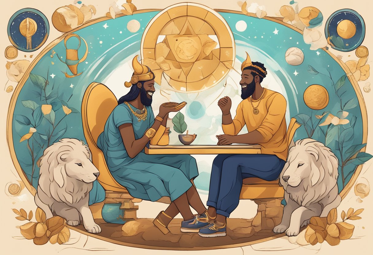 Aries and Leo sit together, laughing and engaging in lively conversation, surrounded by symbols of their shared values and interests