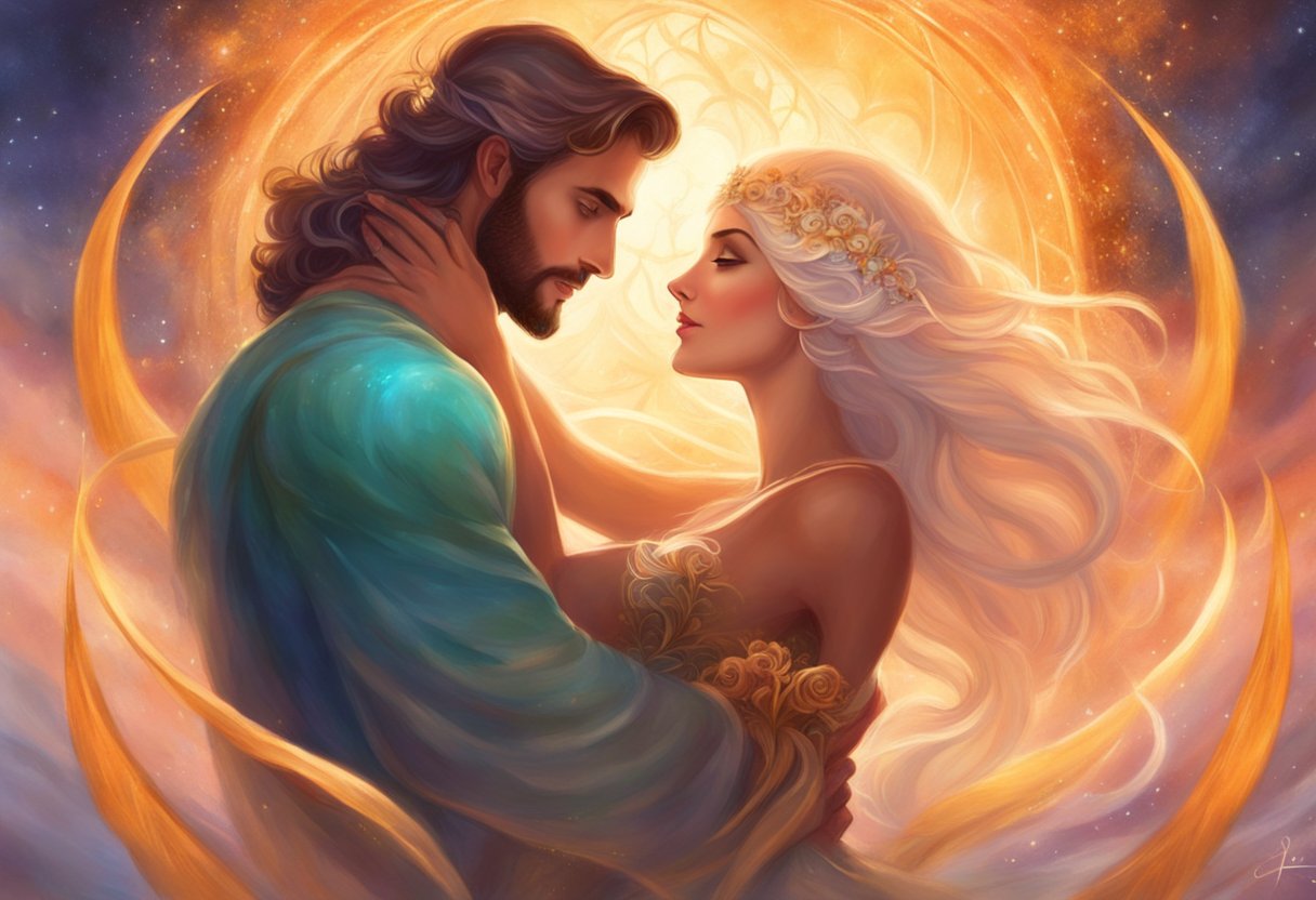 An Aries man and Pisces woman share a deep emotional connection, symbolized by a glowing heart surrounded by a warm embrace
