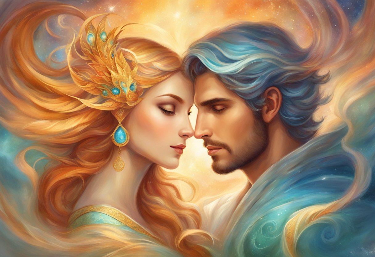Aries man and Pisces woman gaze into each other's eyes, surrounded by a warm and dreamy atmosphere, symbolizing emotional and romantic compatibility