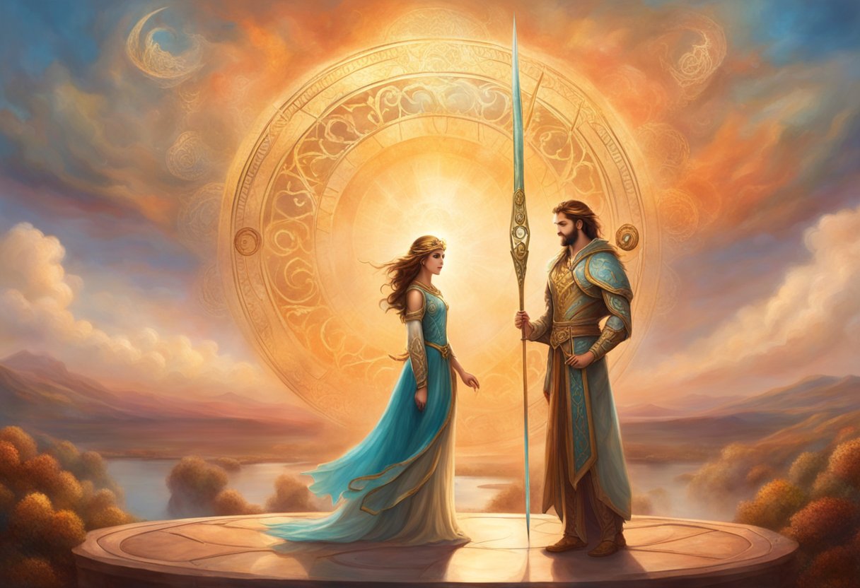 An Aries man and Pisces woman stand on opposite sides of a scale, symbolizing balance and harmony. In the background, a path stretches into the distance, representing their long-term prospects