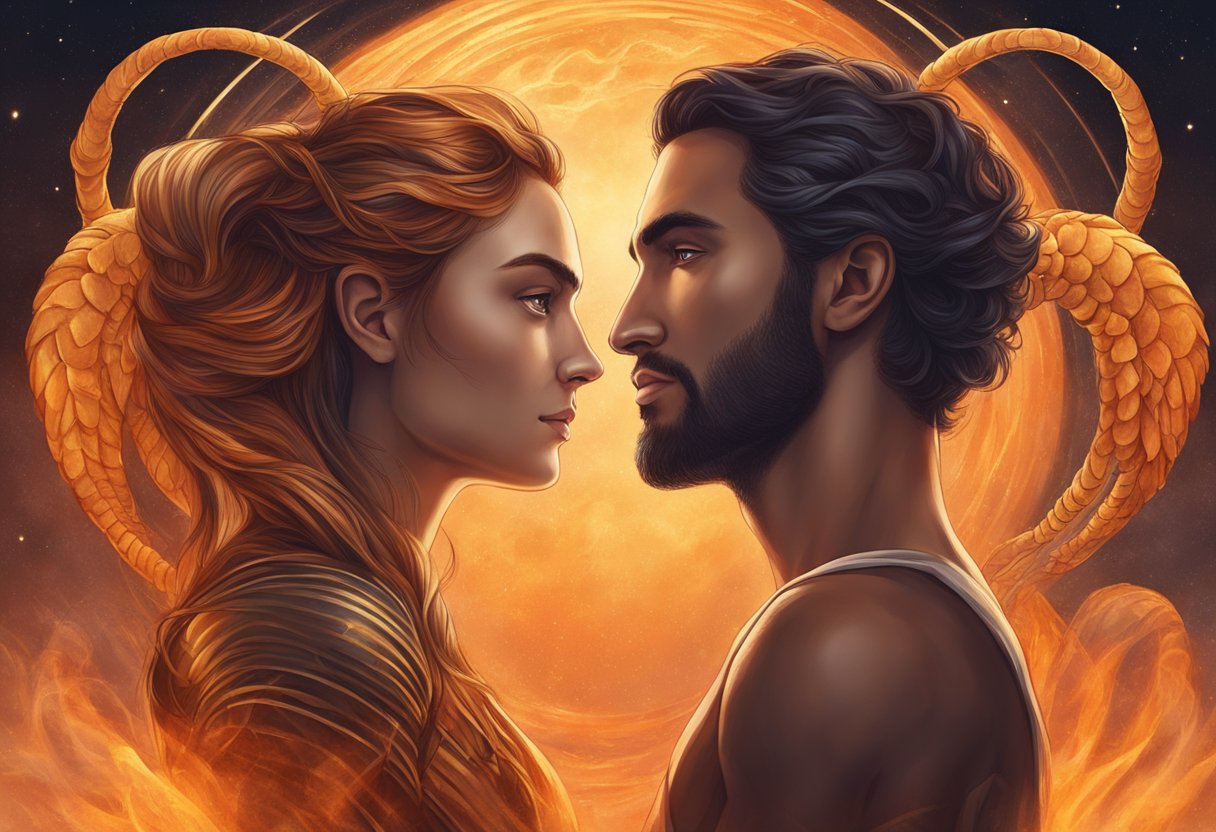 An Aries man and Scorpio woman stand facing each other, their intense gazes locked in a passionate and fiery exchange