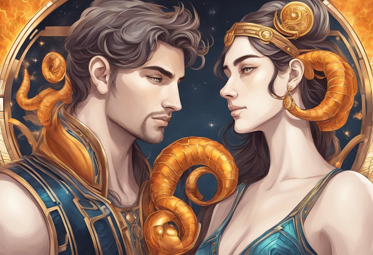 Aries man and Scorpio woman lock eyes, exuding intense passion and magnetic attraction. Their chemistry is palpable, igniting a fiery connection