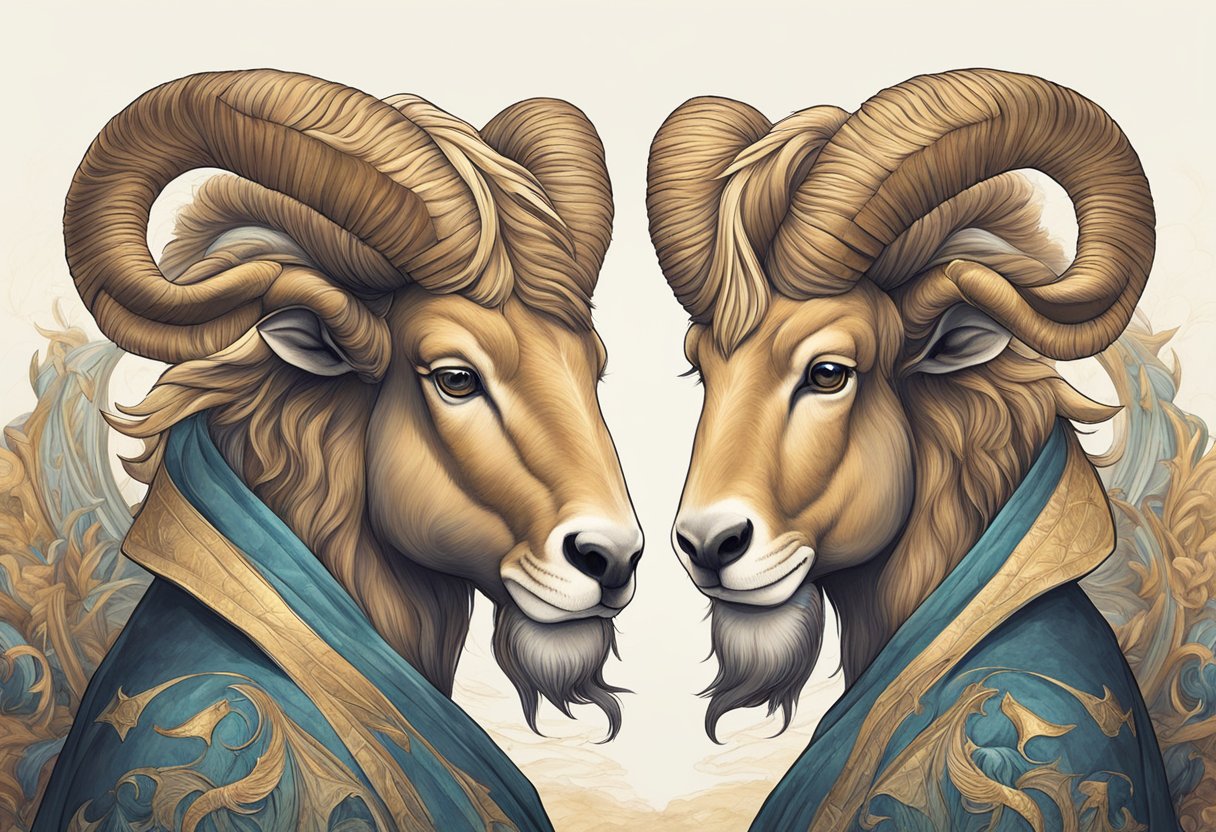 Aries and Sagittarius stand back to back, facing opposite directions. Their confident and adventurous spirits are evident in their strong and assertive stances