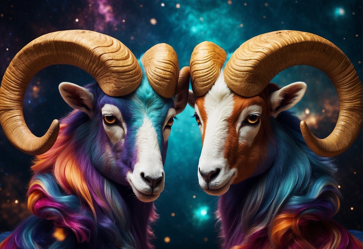 Aries and Gemini stand back to back, symbolizing their dynamic and energetic relationship. The ram and twins are surrounded by vibrant colors and swirling winds, representing their fiery and adaptable natures