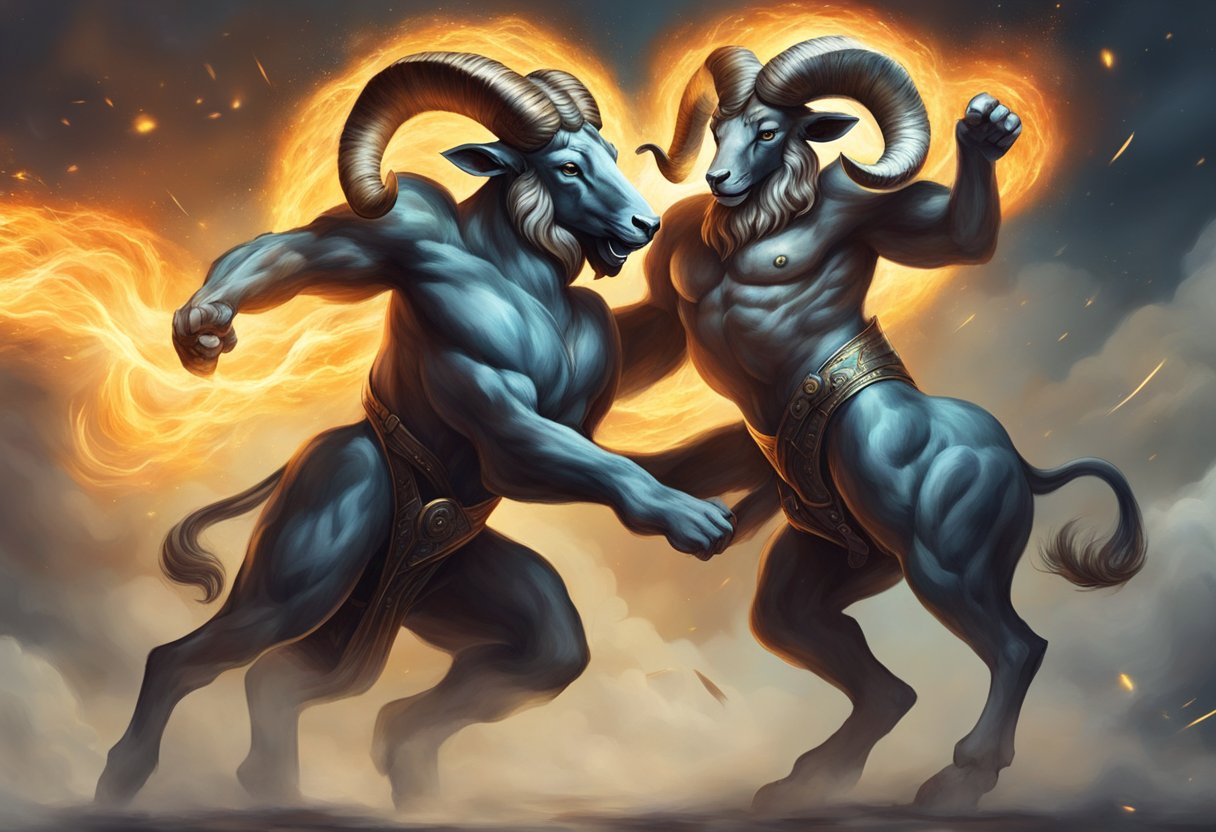 Aries and Leo assert dominance, butting heads in a fiery clash, each vying for control. Their energy sparks and clashes, creating a dynamic power struggle