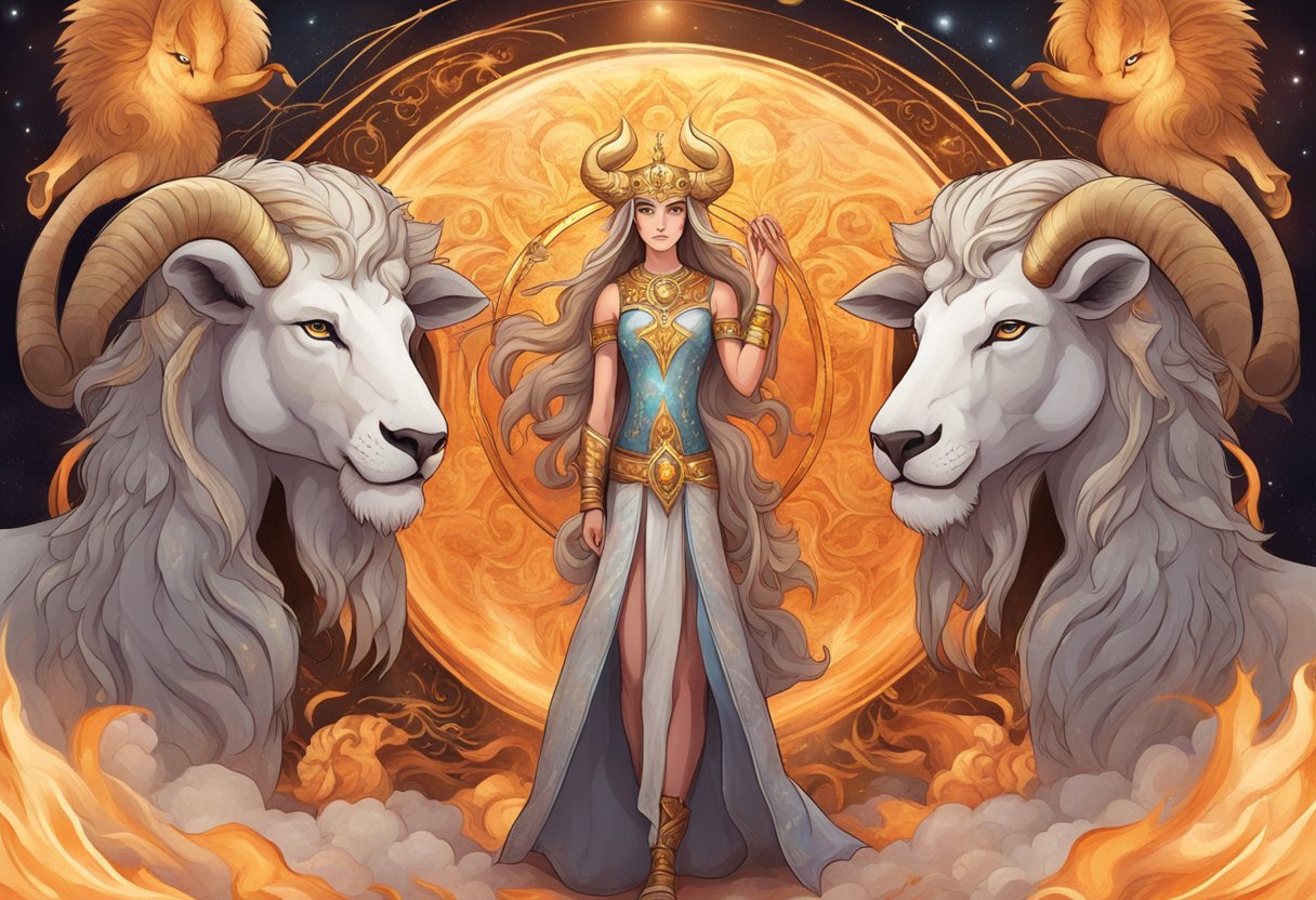 Aries and Leo stand confidently, surrounded by fiery symbols. Their eyes meet with passion and determination, exuding a sense of power and compatibility